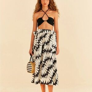 FARM Rio Black and White Asymmetrical Wrap Midi Skirt
